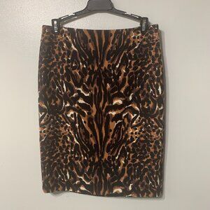 Talbots Skirt Womens Sz 2 Black Brown Tiger Animal Print Pencil Stretch